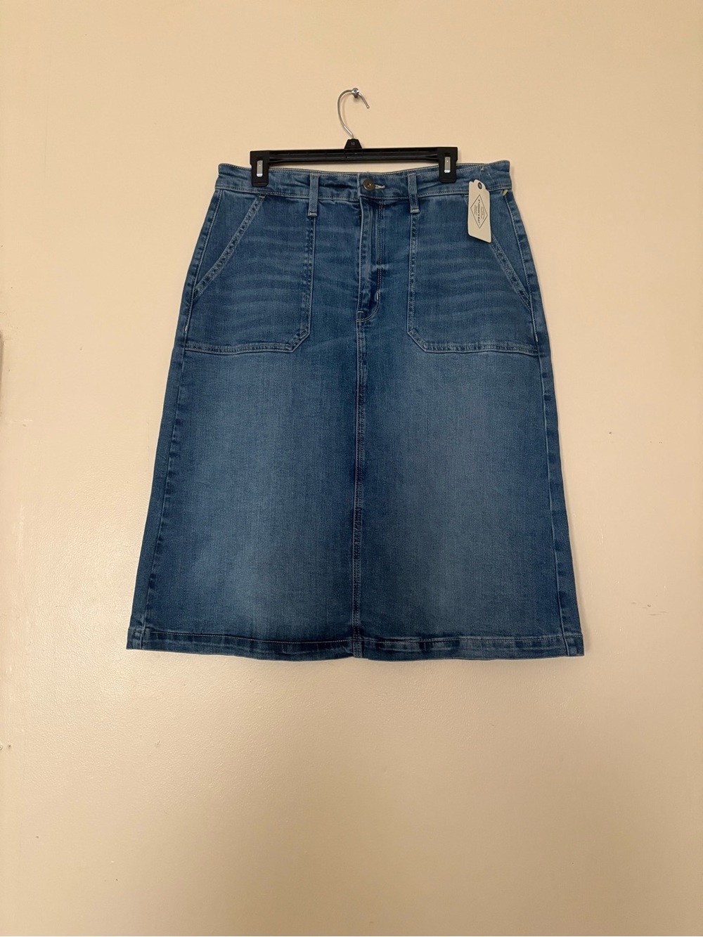 St. John's Bay Medium Blue Denim Midi Skirt with Front Patch Pockets